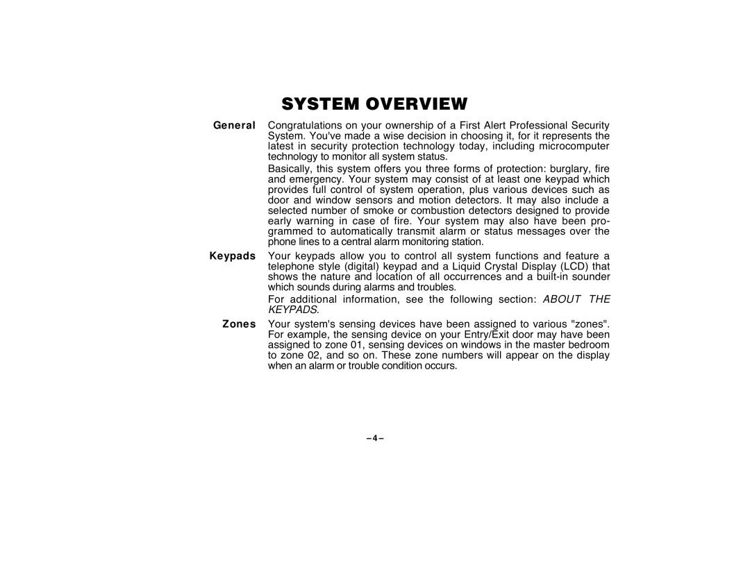 First Alert FA120C user manual System Overview, Ð 4 Ð 