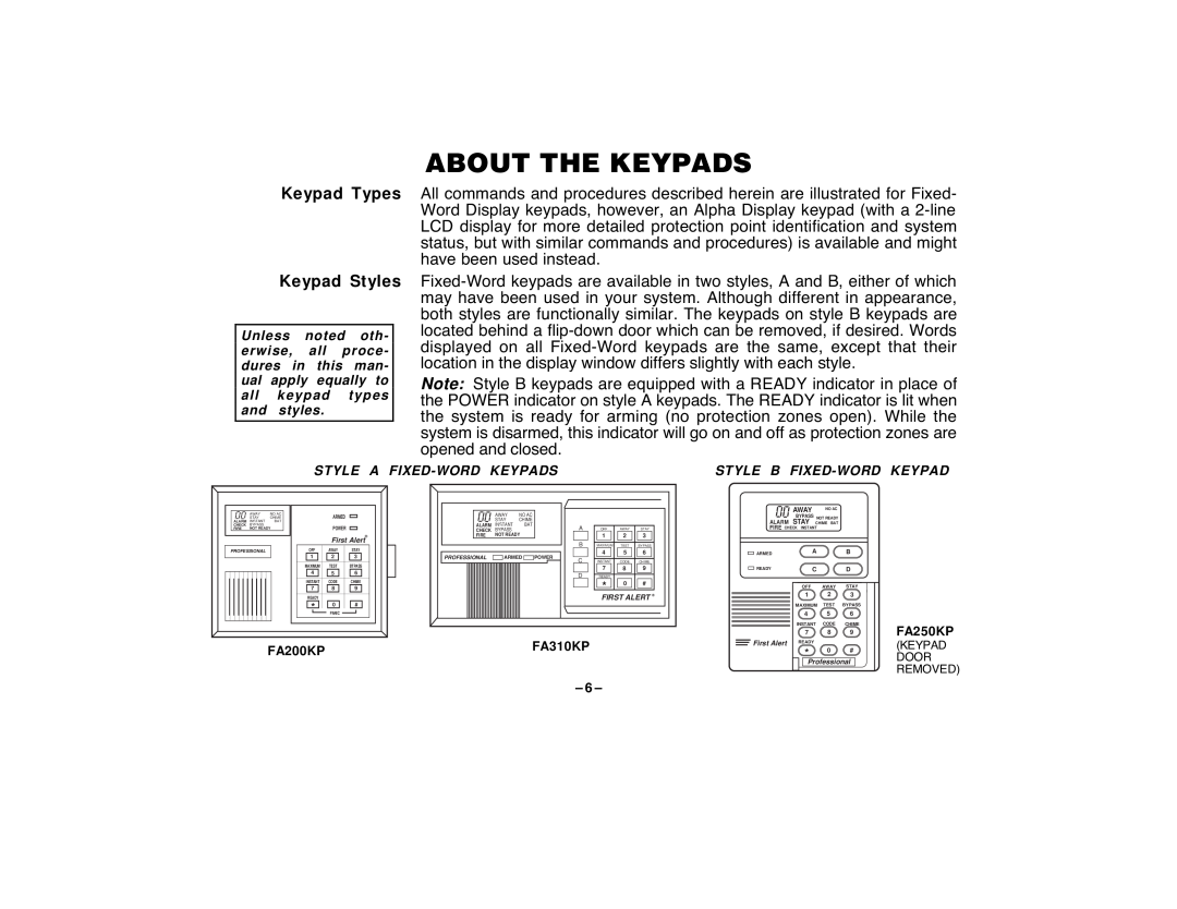 First Alert FA120C user manual About The Keypads, Keypad Styles 