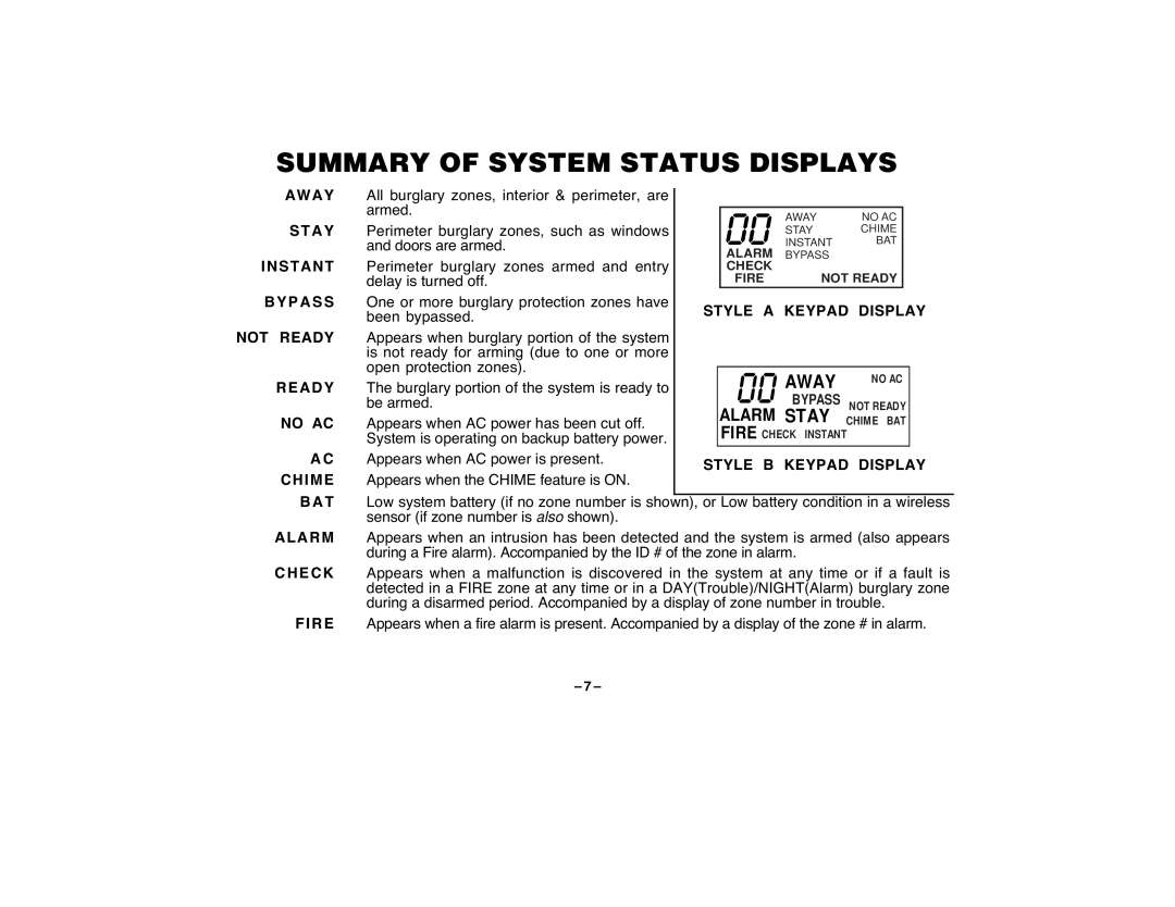 First Alert FA120C user manual Summary Of System Status Displays, Away, Stay, Alarm 