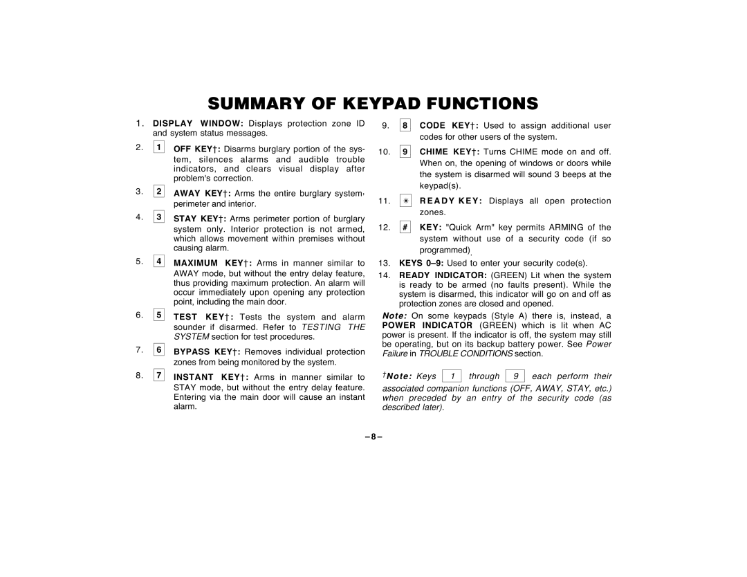 First Alert FA120C user manual Summary Of Keypad Functions, †N o t e : Keys 1 through 9 each perform their 