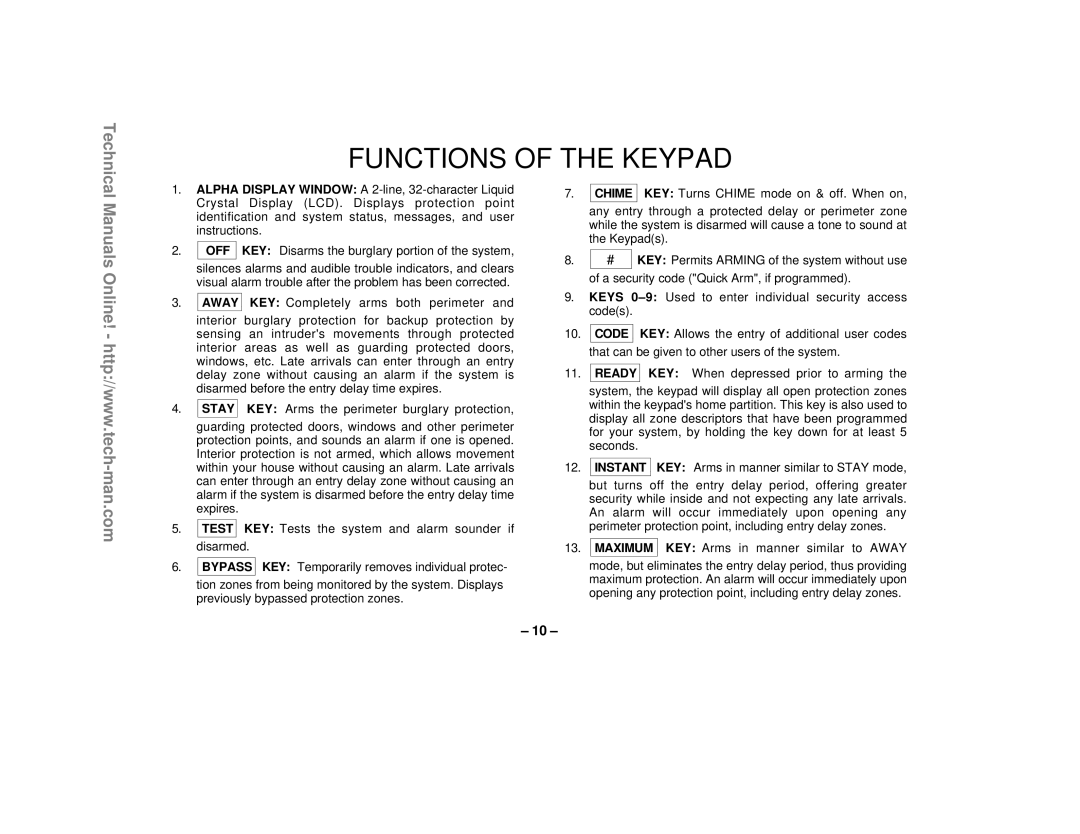 First Alert FA1220CV technical manual Functions of the Keypad, Off 