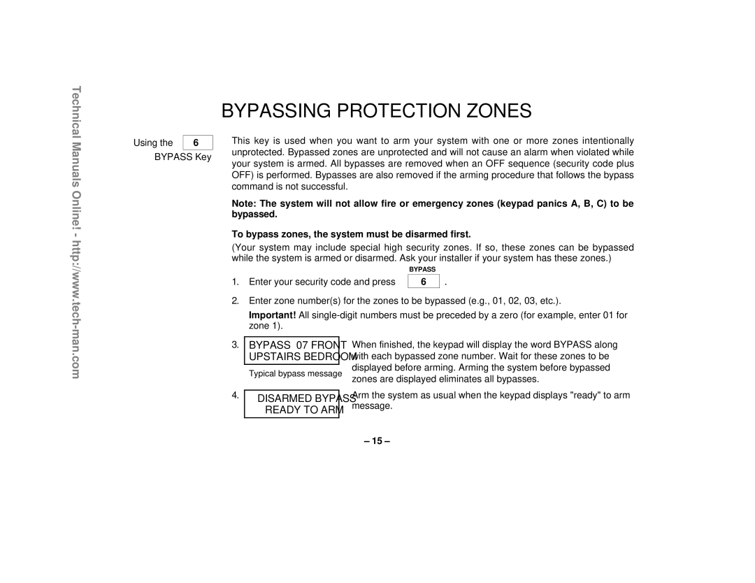 First Alert FA1220CV Bypassing Protection Zones, Using Bypass Key, To bypass zones, the system must be disarmed first 