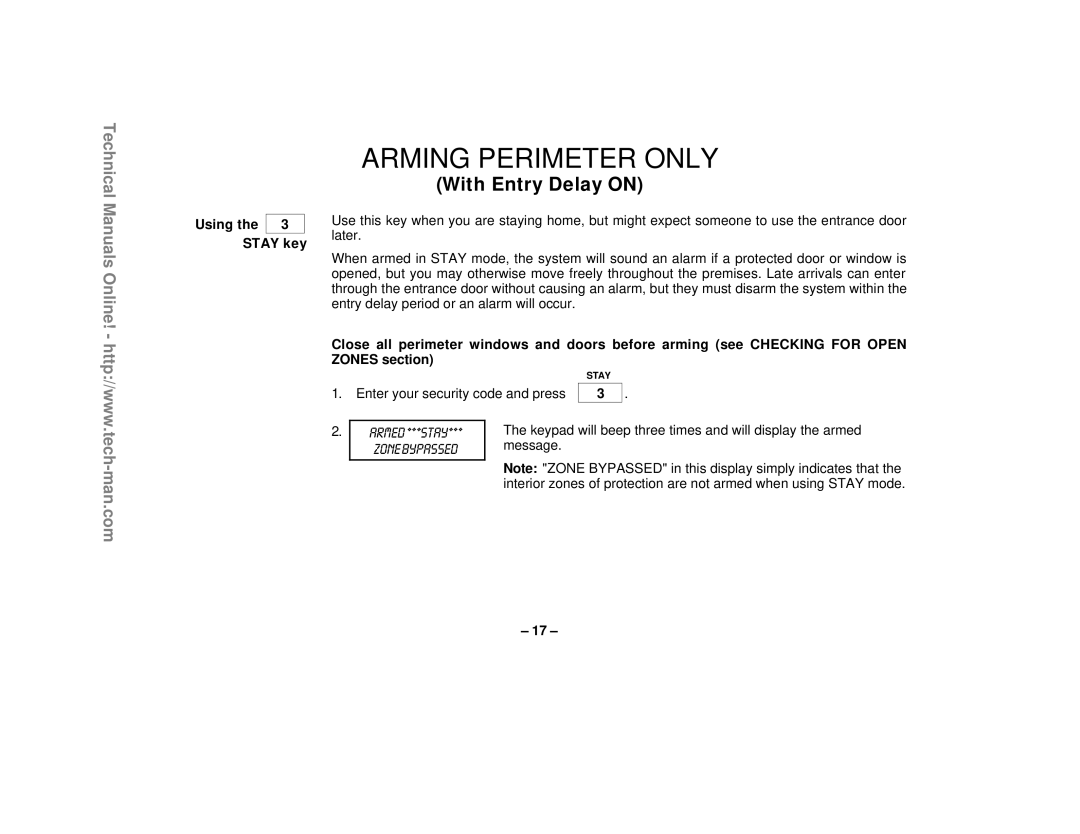 First Alert FA1220CV technical manual Arming Perimeter only, Using Stay key 