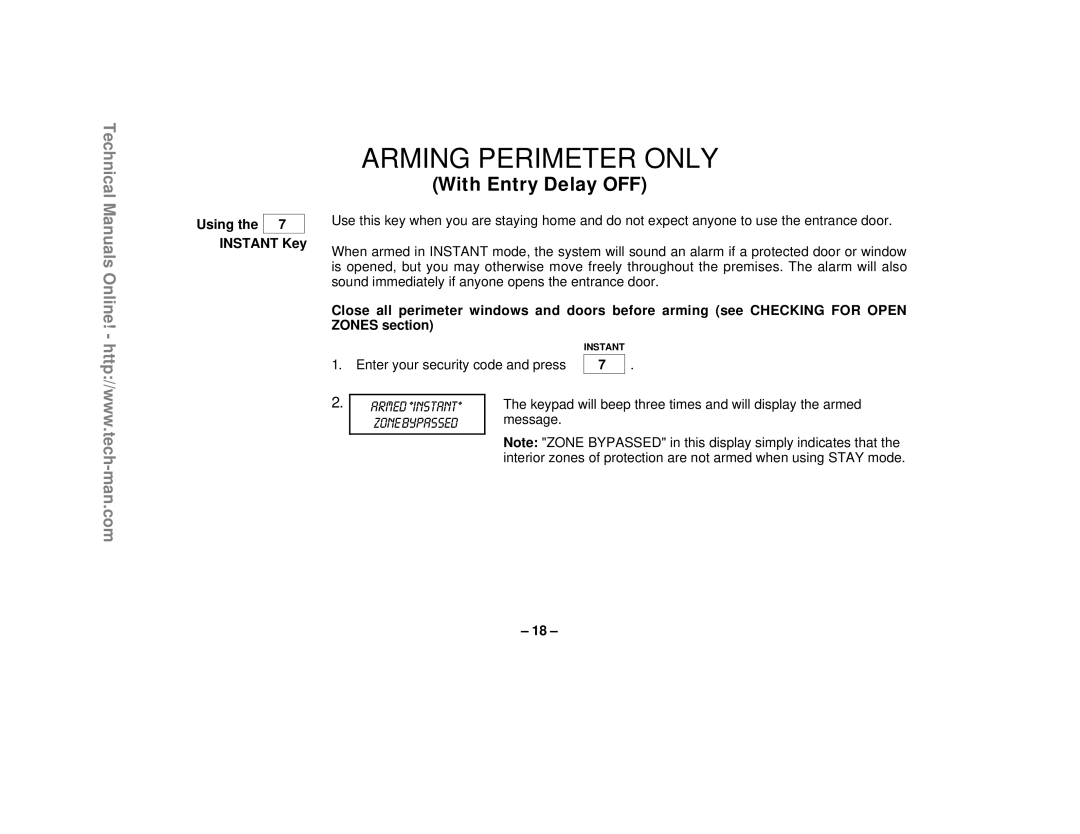 First Alert FA1220CV technical manual With Entry Delay OFF, Using Instant Key 