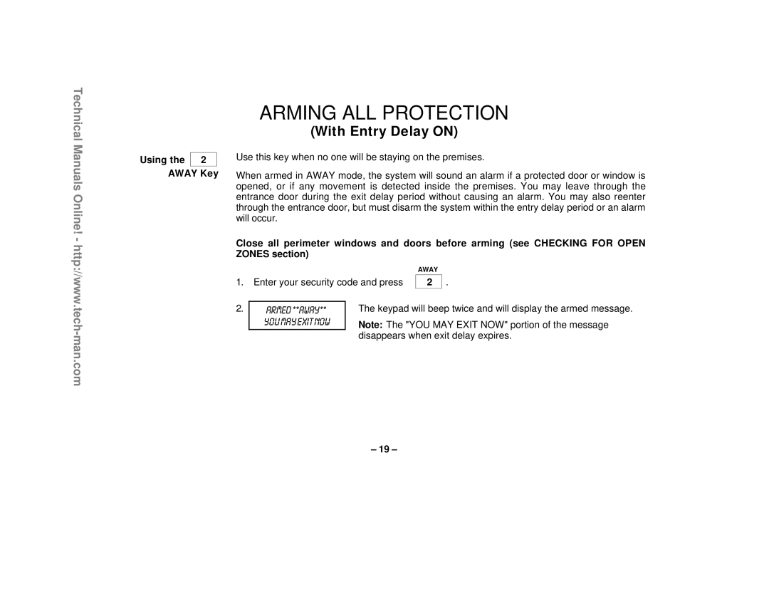 First Alert FA1220CV technical manual Arming ALL Protection, Using Away Key 