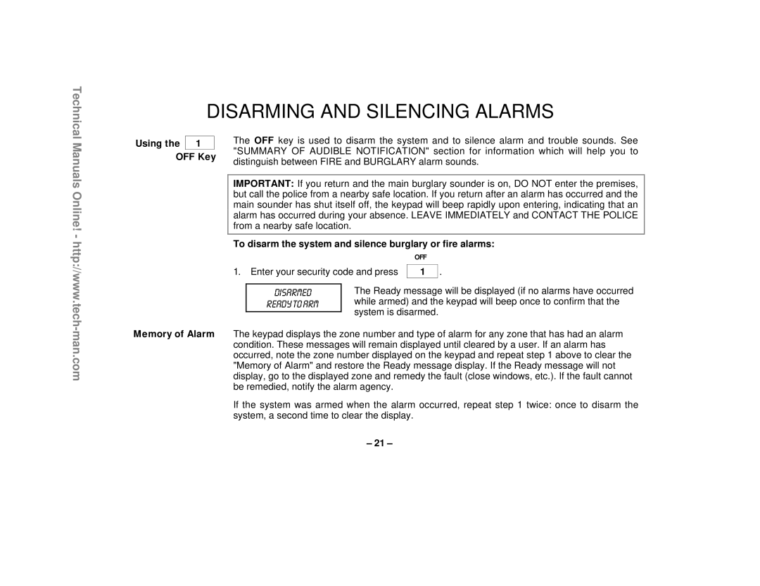 First Alert FA1220CV technical manual Disarming and Silencing Alarms, Using the 1 OFF Key Memory of Alarm 