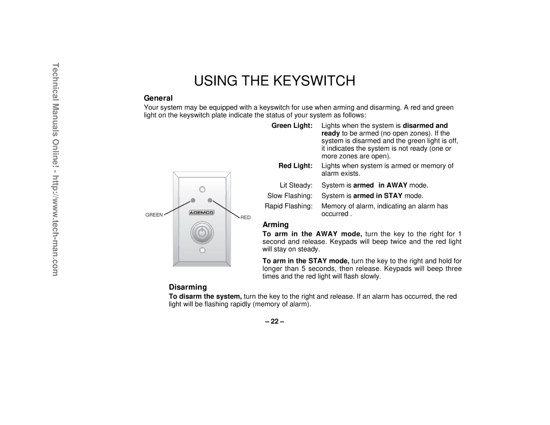 First Alert FA1220CV technical manual Using the Keyswitch, General 