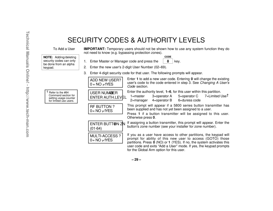 First Alert FA1220CV technical manual To Add a User, Enter Master or Manager code and press 