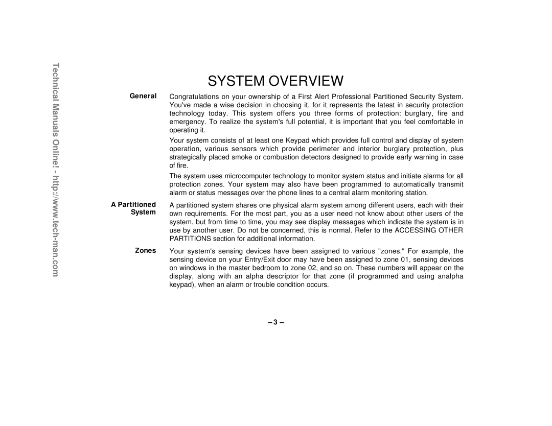 First Alert FA1220CV technical manual System Overview, General Partitioned System Zones 