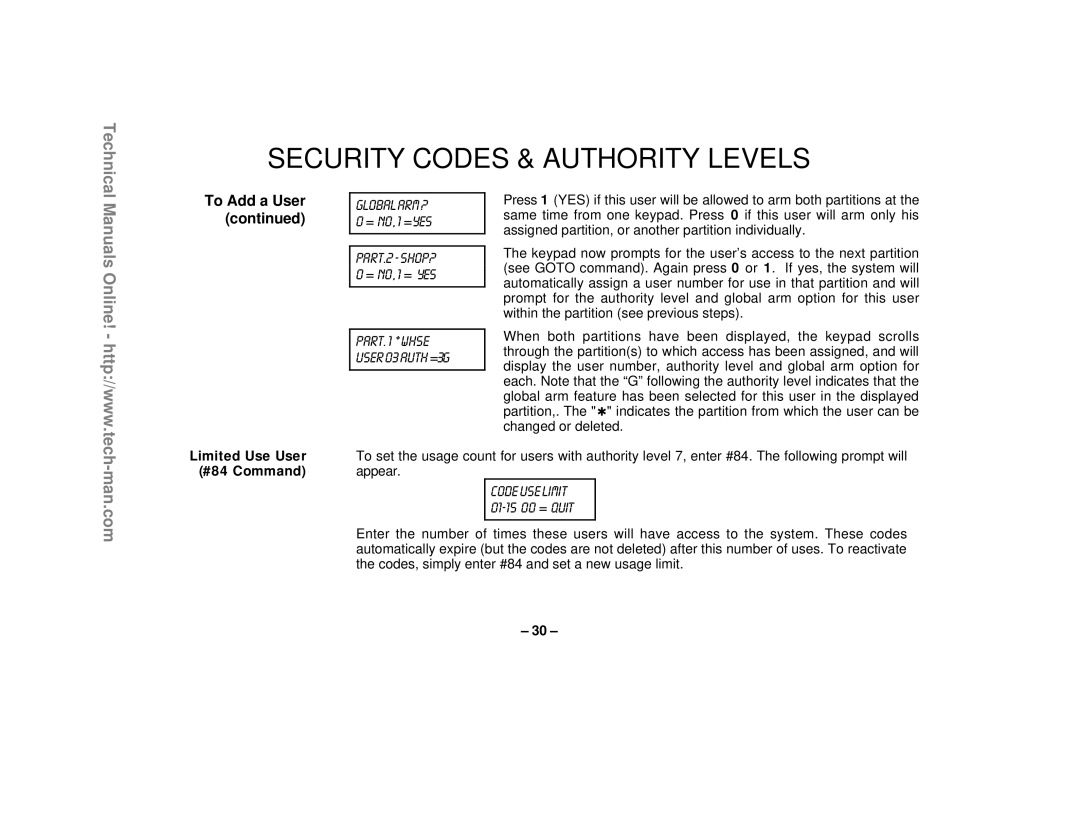 First Alert FA1220CV technical manual To Add a User, Limited Use User #84 Command 