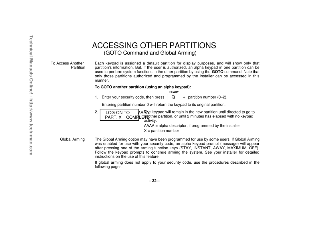 First Alert FA1220CV technical manual Accessing Other Partitions, To Goto another partition using an alpha keypad 