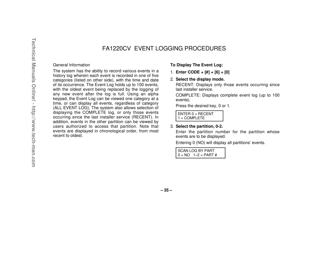 First Alert technical manual FA1220CV Event Logging Procedures, Select the partition 