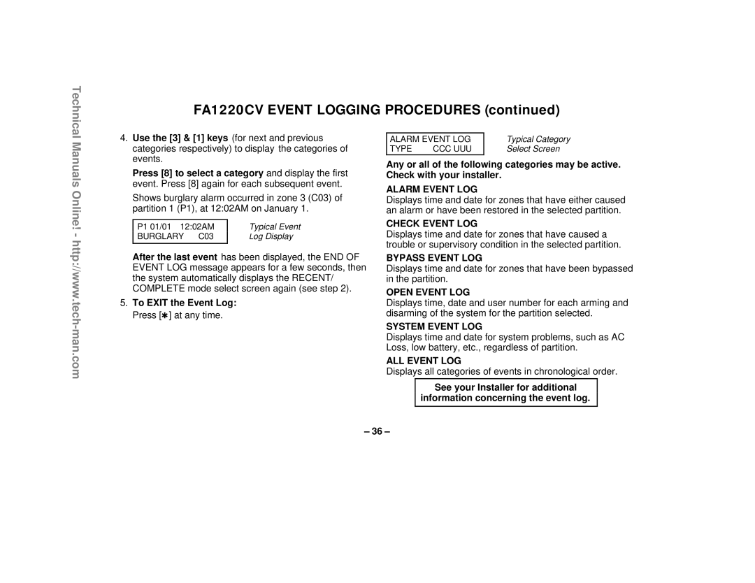 First Alert technical manual FA1220CV Event Logging Procedures, To Exit the Event Log Press at any time 