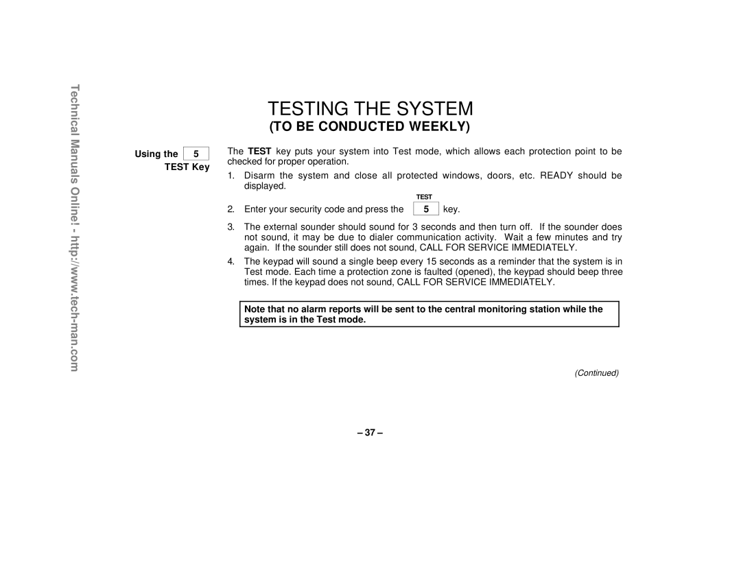 First Alert FA1220CV technical manual Testing the System, Using Test Key 