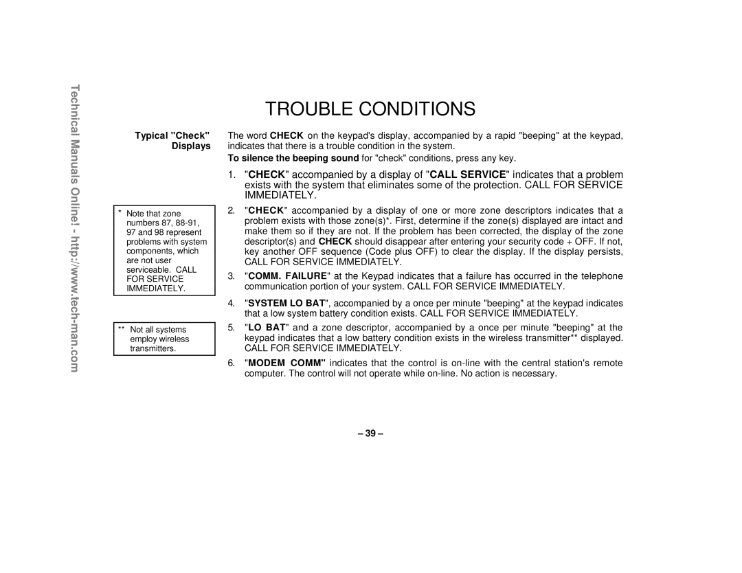 First Alert FA1220CV technical manual Trouble Conditions, Typical Check Displays 