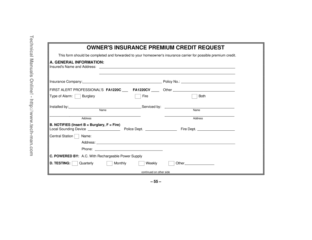 First Alert FA1220CV technical manual Owners Insurance Premium Credit Request 