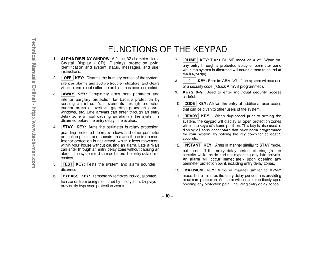 First Alert FA1220CV technical manual Functions Of The Keypad, Technical 