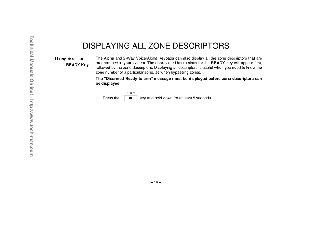 First Alert FA1220CV technical manual Displaying All Zone Descriptors, Technical, Using the READY Key 