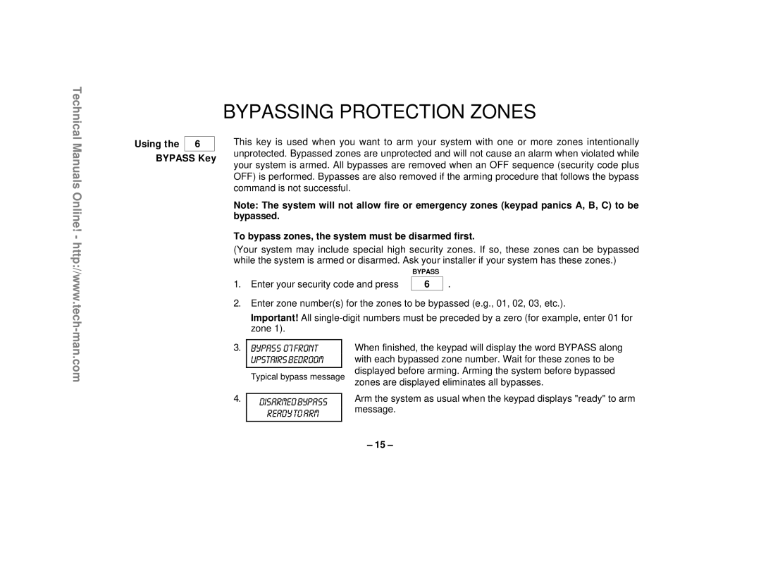 First Alert FA1220CV Bypassing Protection Zones, Technical, Using the BYPASS Key, Enter your security code and press 