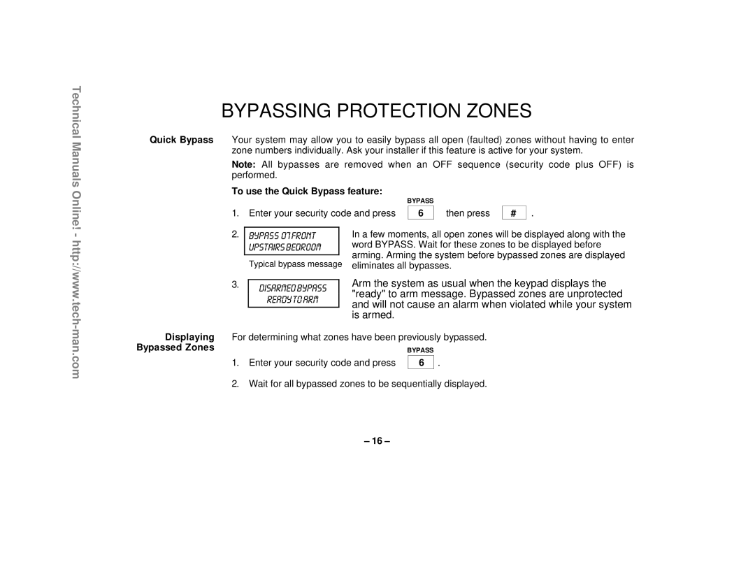 First Alert FA1220CV Manuals Online, Bypassing Protection Zones, Technical, To use the Quick Bypass feature 