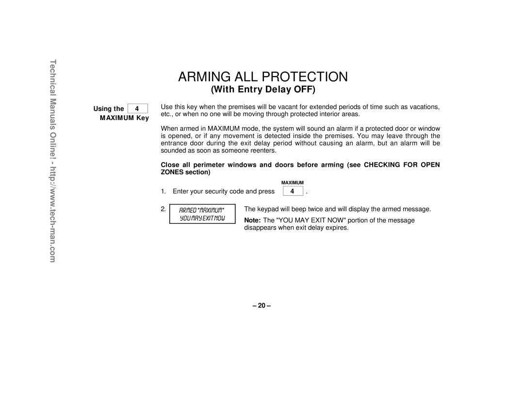 First Alert FA1220CV technical manual Arming All Protection, With Entry Delay OFF, Using the MAXIMUM Key 