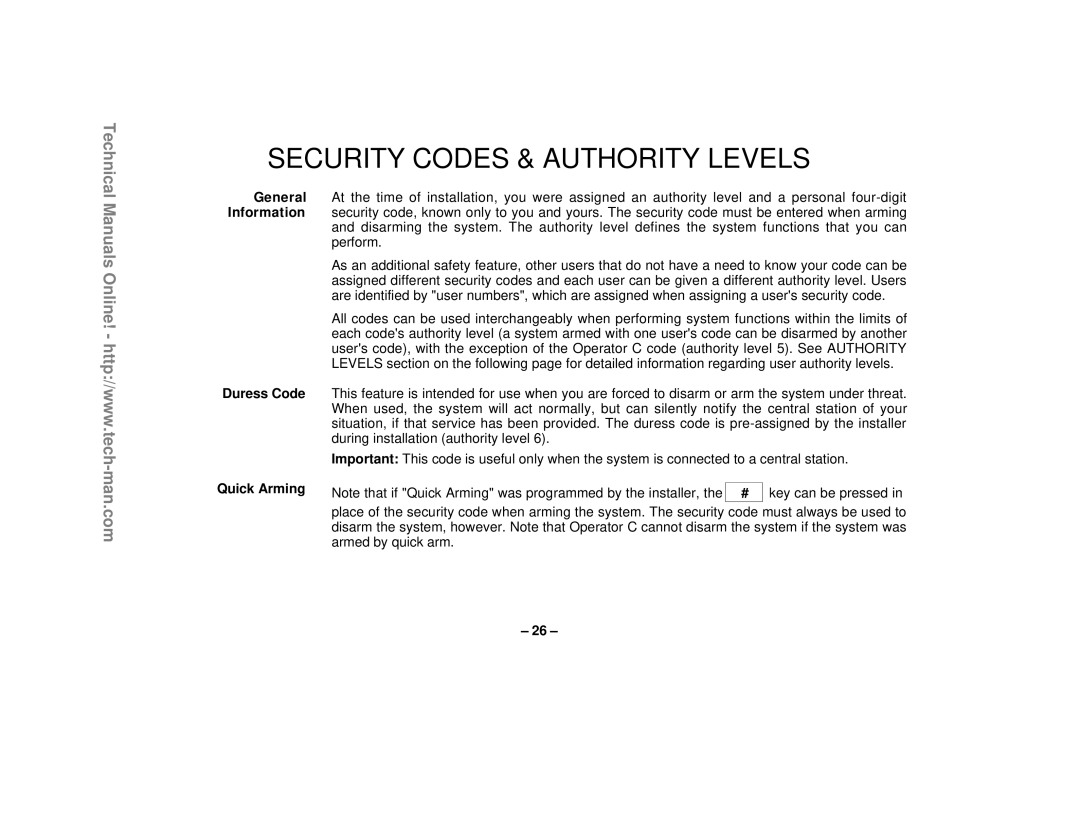 First Alert FA1220CV technical manual Security Codes & Authority Levels, General, Information, Duress Code, Quick Arming 