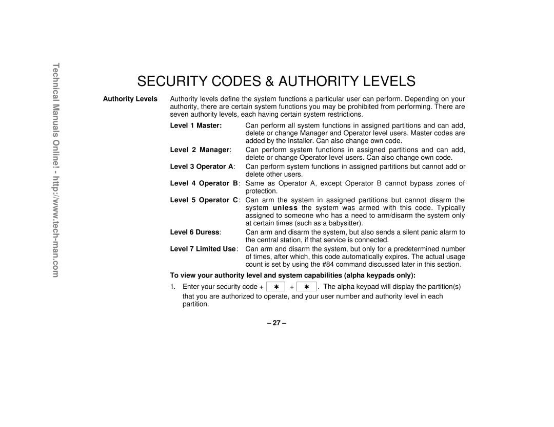 First Alert FA1220CV technical manual Security Codes & Authority Levels 