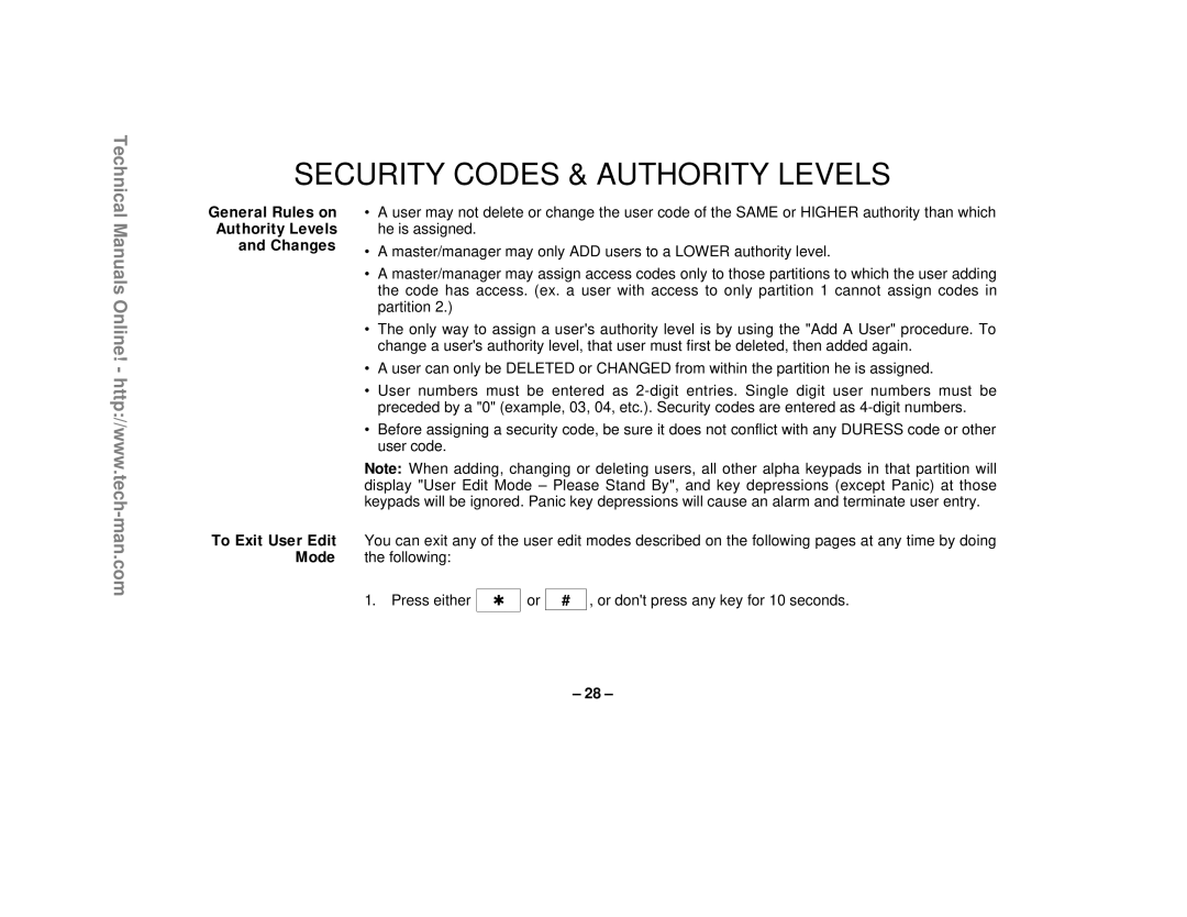 First Alert FA1220CV Security Codes & Authority Levels, General Rules on, and Changes, To Exit User Edit, Mode 