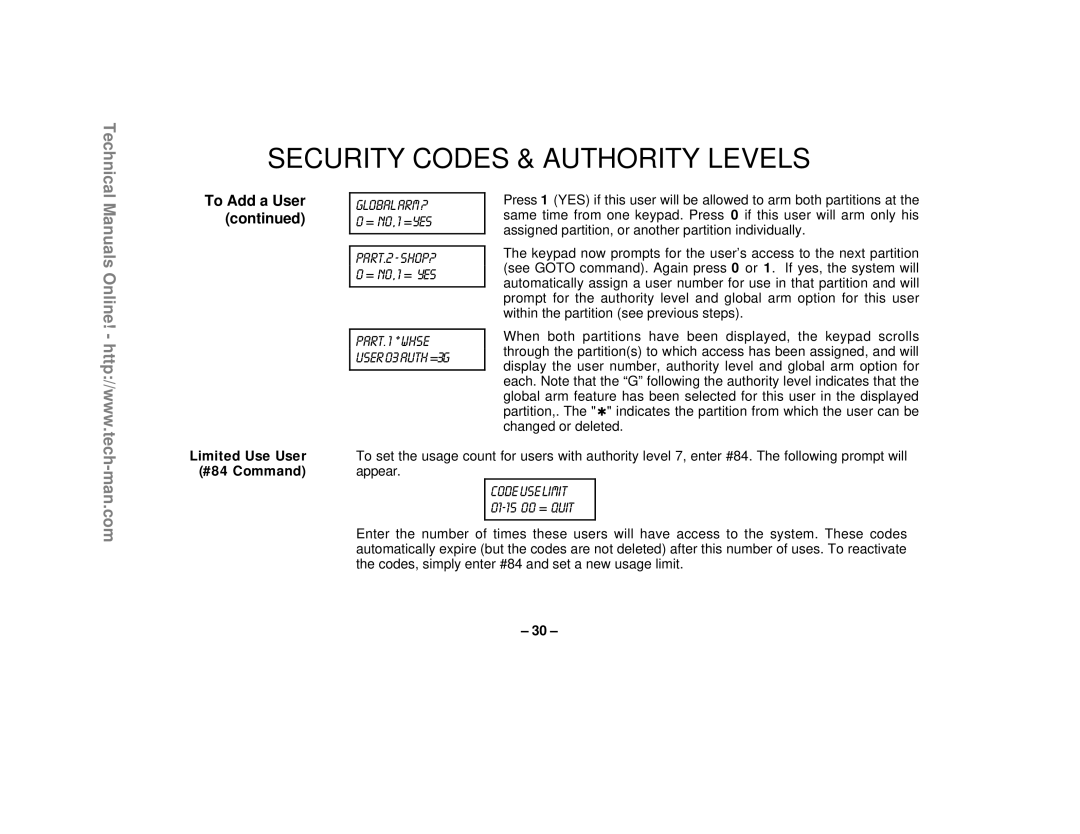 First Alert FA1220CV Security Codes & Authority Levels, Technical, To Add a User continued, Limited Use User #84 Command 