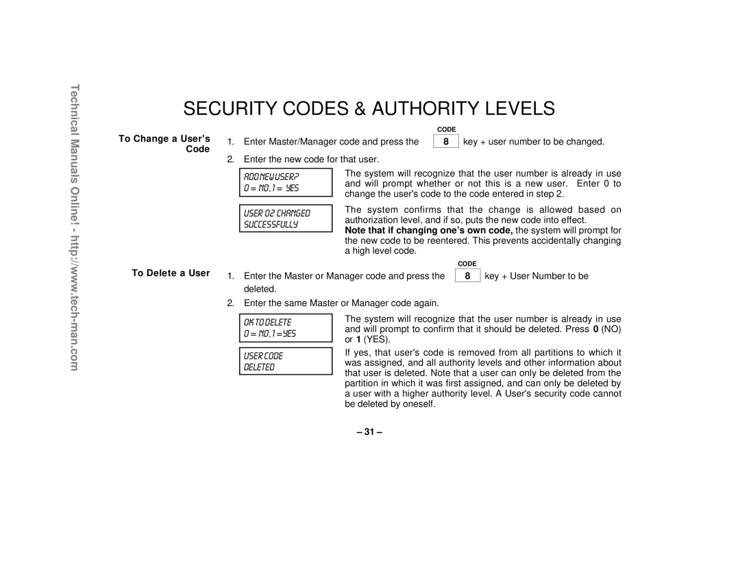 First Alert FA1220CV technical manual Security Codes & Authority Levels, OK TO DELETE 0 = NO,1 =YES USER CODE DELETED 