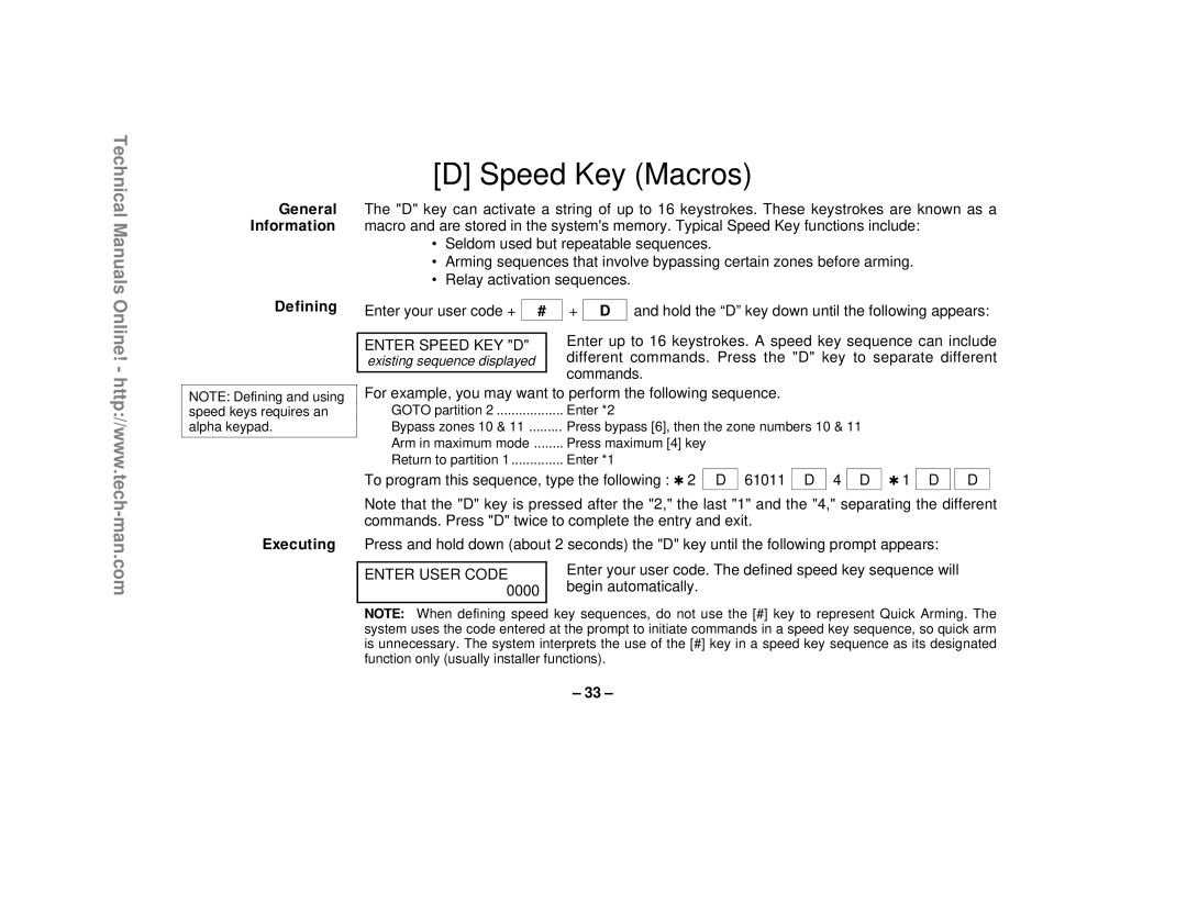 First Alert FA1220CV technical manual D Speed Key Macros, General Information Defining, Executing 