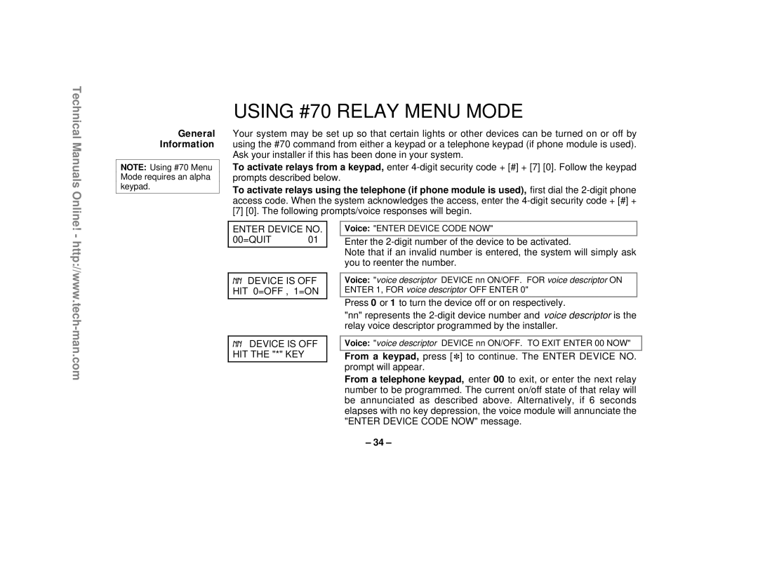 First Alert FA1220CV technical manual USING #70 RELAY MENU MODE, Technical Manuals Online, General Information 