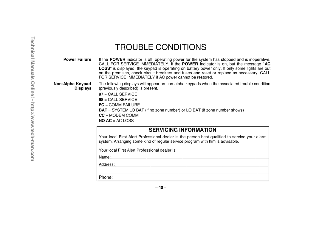 First Alert FA1220CV technical manual Trouble Conditions, Servicing Information, Phone 