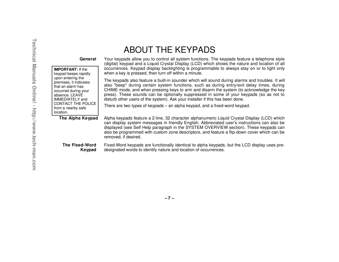 First Alert FA1220CV technical manual About The Keypads, General, The Alpha Keypad The Fixed-WordKeypad 