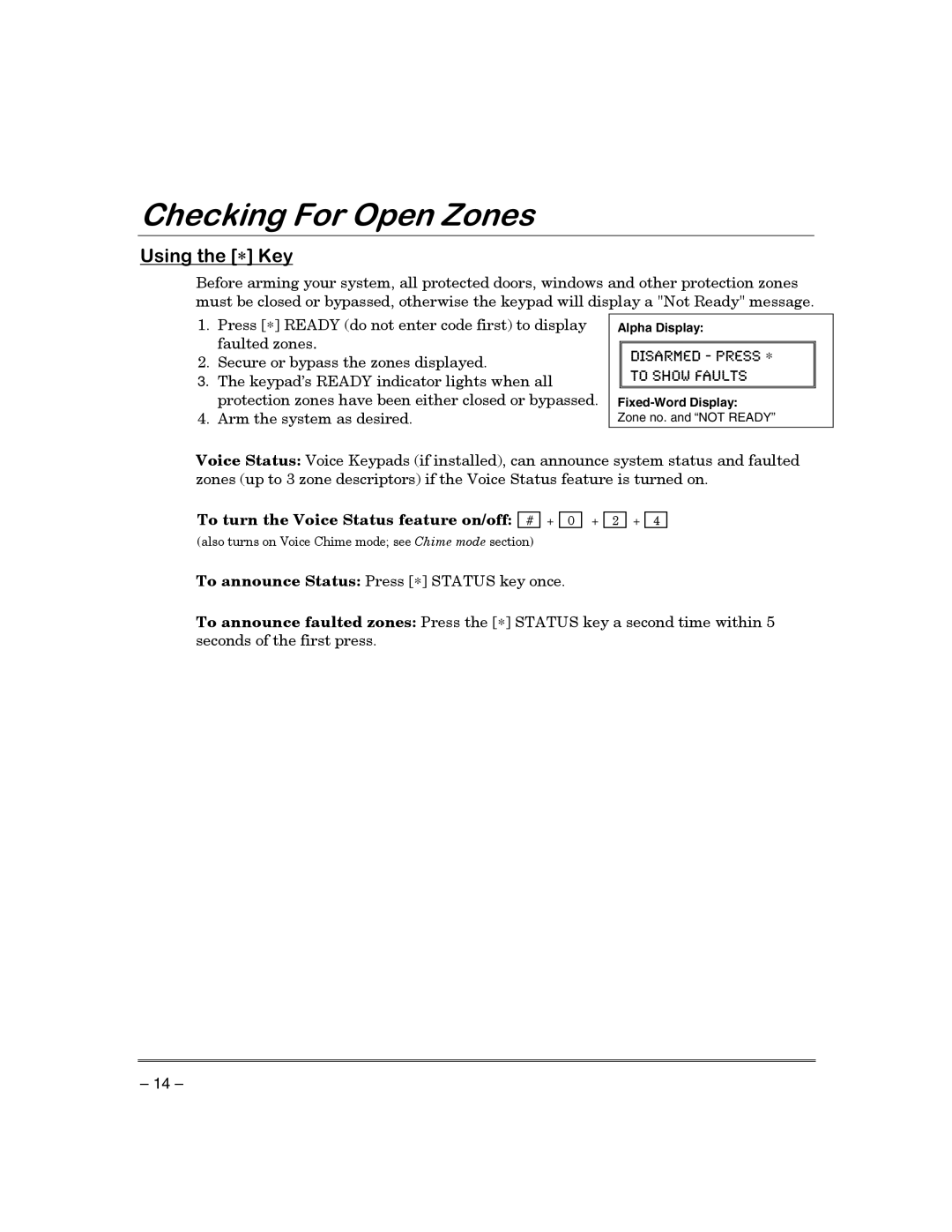 First Alert FA130CP manual KHFNLQJRU2SHQ=RQHV, To turn the Voice Status feature on/off # + 