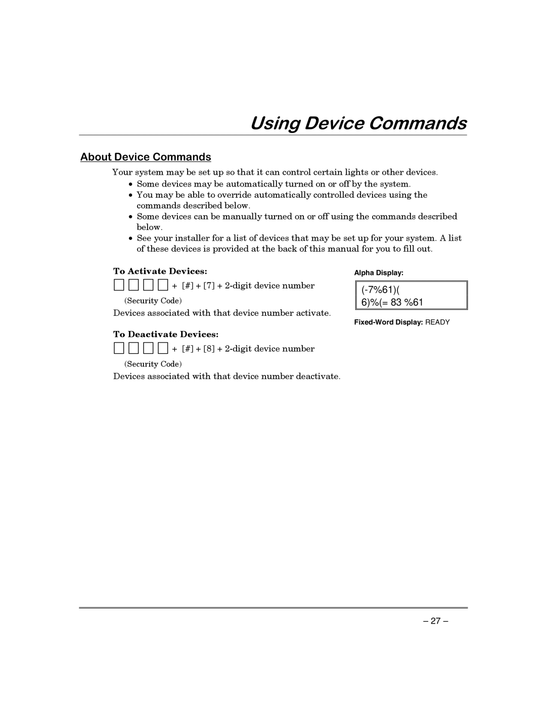 First Alert FA130CP manual 8VLQJHYLFH&RPPDQGV, $Erxwhylfh&Rppdqgv, To Activate Devices, To Deactivate Devices 