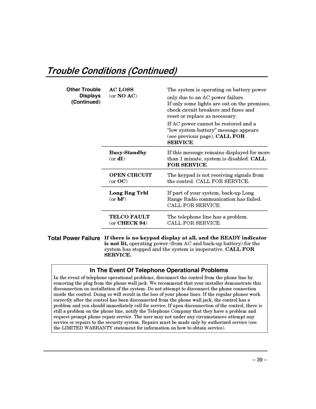 First Alert FA130CP manual Busy-Standby, Long Rng Trbl 