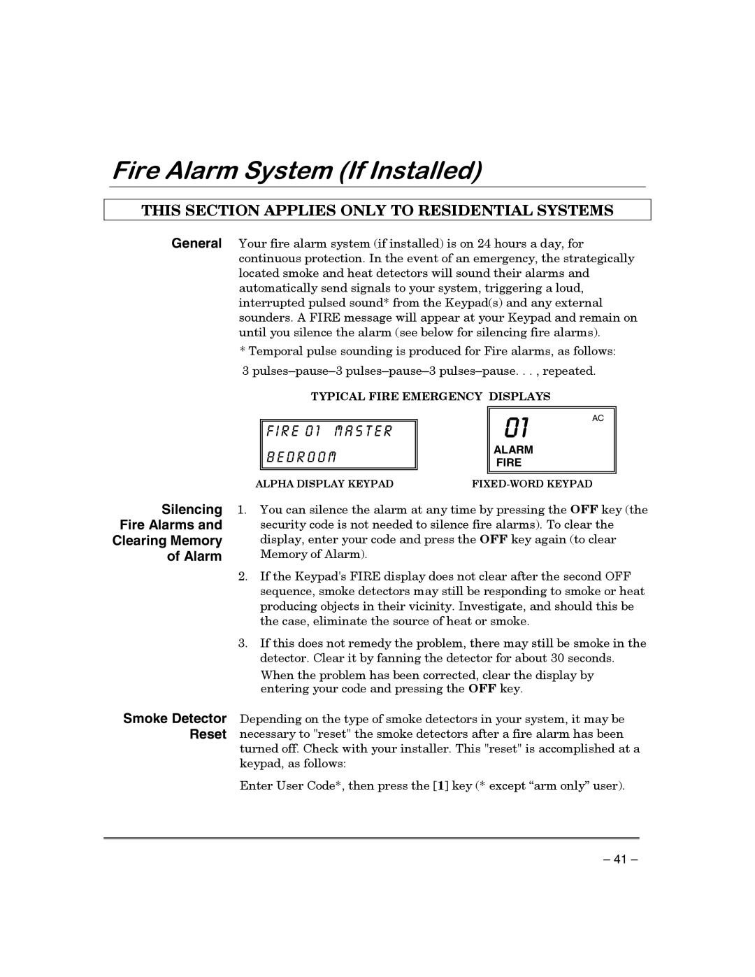 First Alert FA130CP manual LUH$ODUP6\VWHP,I,QVWDOOHG, This Section Applies only to Residential Systems 