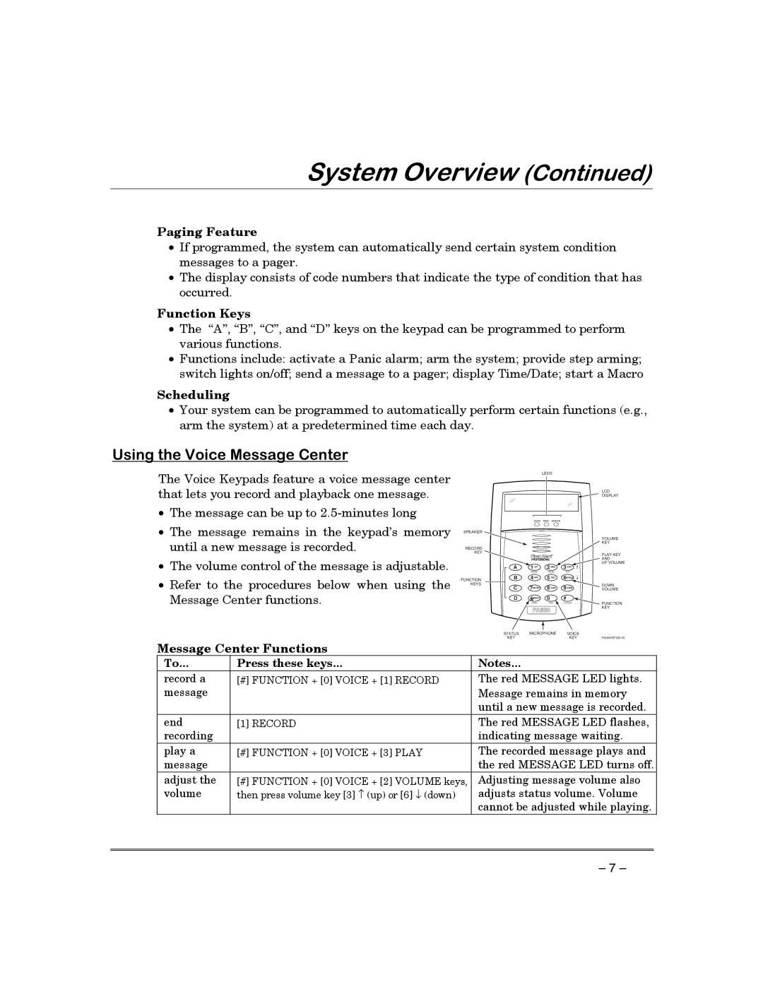 First Alert FA130CP manual 8VLQJWKH9RLFH0HVVDJH&HQWHU, Paging Feature, Function Keys, Scheduling, Message Center Functions 