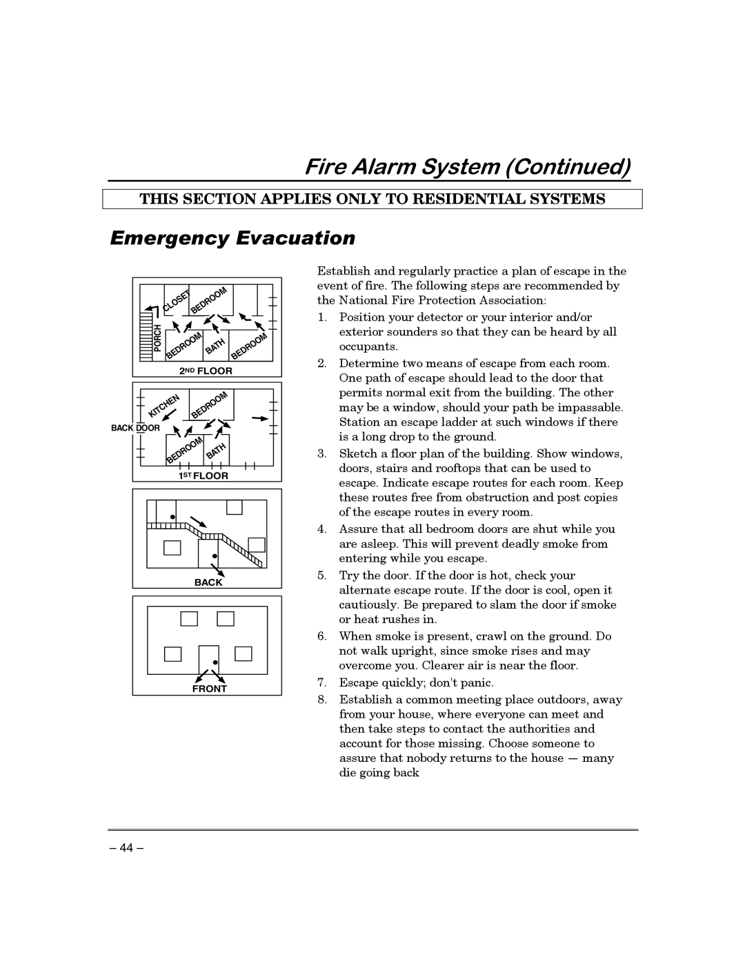 First Alert FA130CP manual Phujhqf\Ydfxdwlrq, LUH$ODUP6\VWHP&RQWLQXHG, This Section Applies Only To Residential Systems 