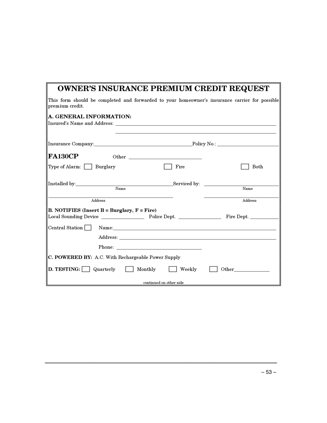 First Alert FA130CP manual Owner’S Insurance Premium Credit Request 