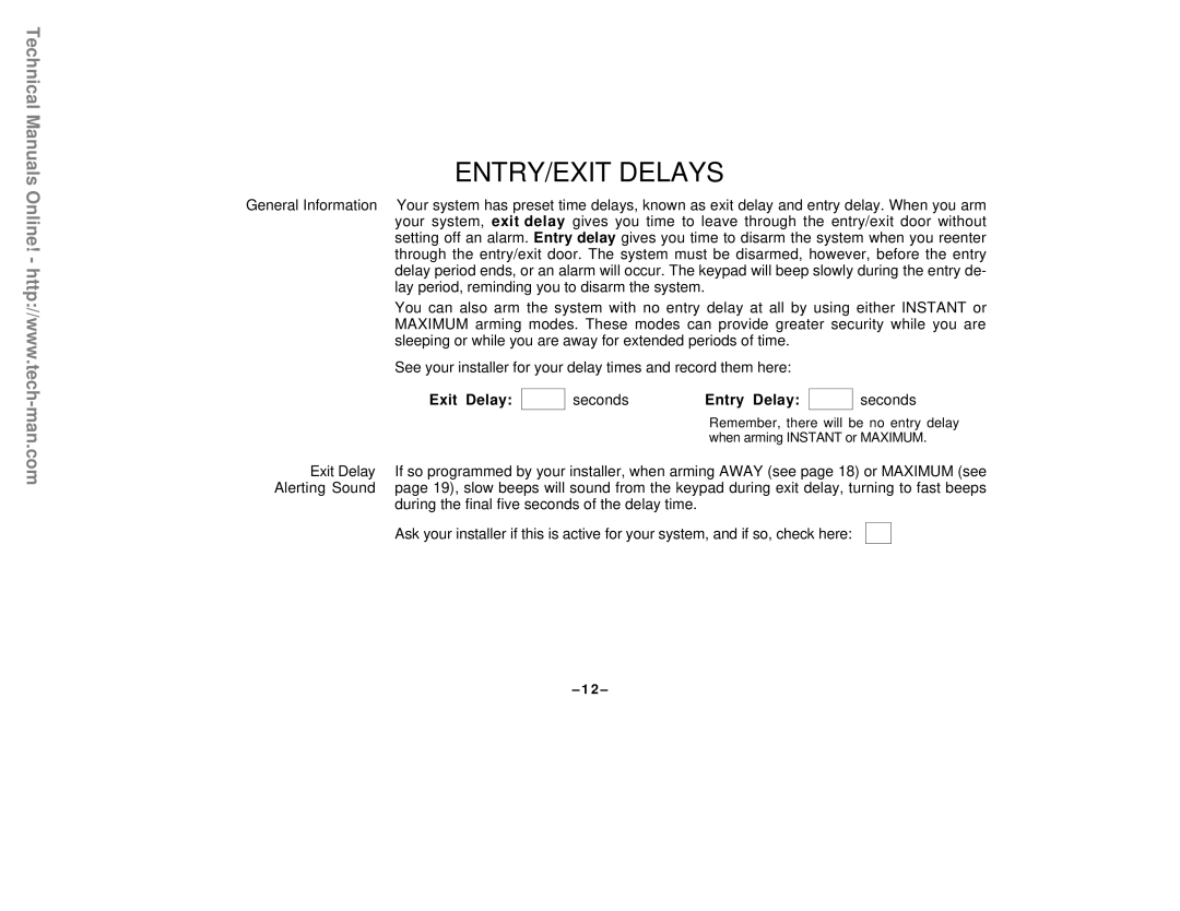 First Alert FA142C user manual ENTRY/EXIT Delays, Seconds 