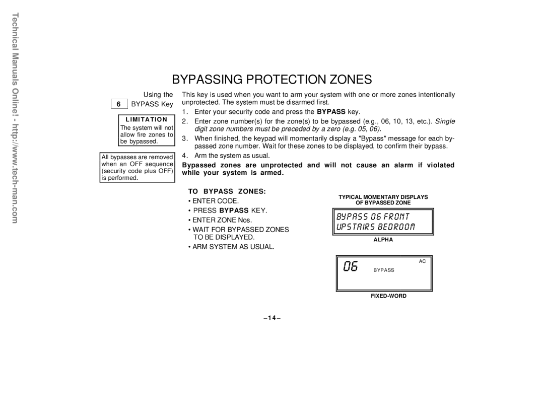 First Alert FA142C user manual Bypassing Protection Zones, Using Bypass Key, To Bypass Zones, Enter Zone Nos 