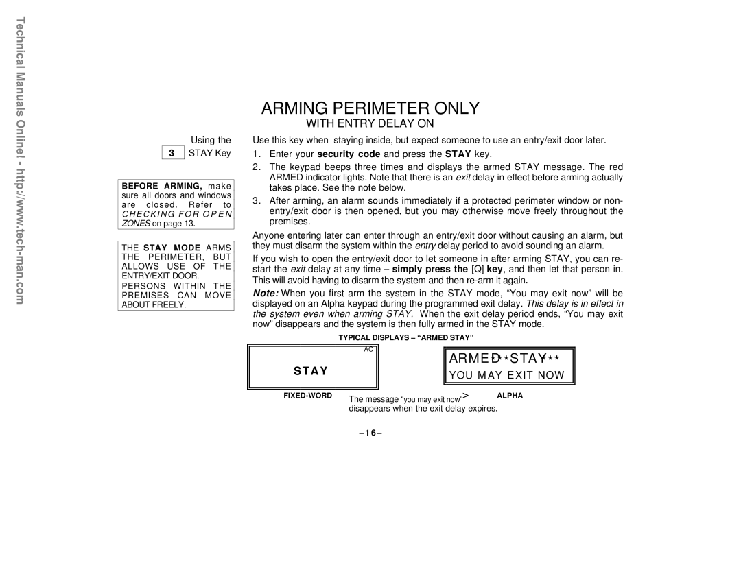 First Alert FA142C user manual Arming Perimeter only, Using Stay Key 