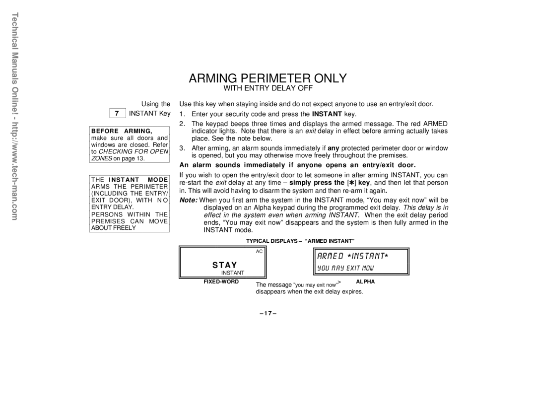 First Alert FA142C user manual With Entry Delay OFF, Using Instant Key 