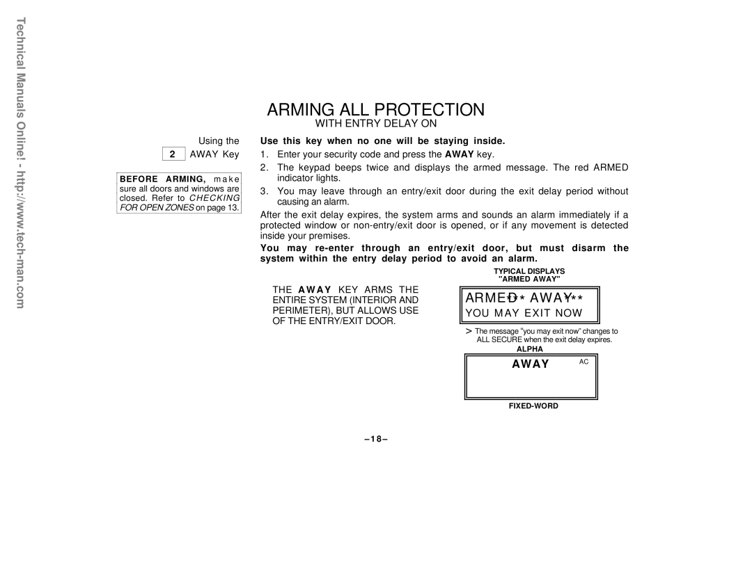 First Alert FA142C user manual Arming ALL Protection, Using Away Key 