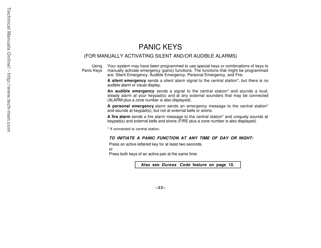 First Alert FA142C user manual Panic Keys, Press an active lettered key for at least two seconds 