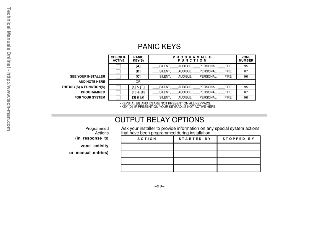 First Alert FA142C user manual Output Relay Options, Programmed Actions 