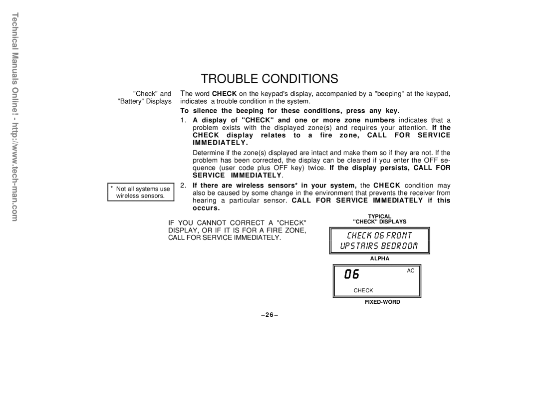 First Alert FA142C user manual Trouble Conditions, Check and Battery Displays 