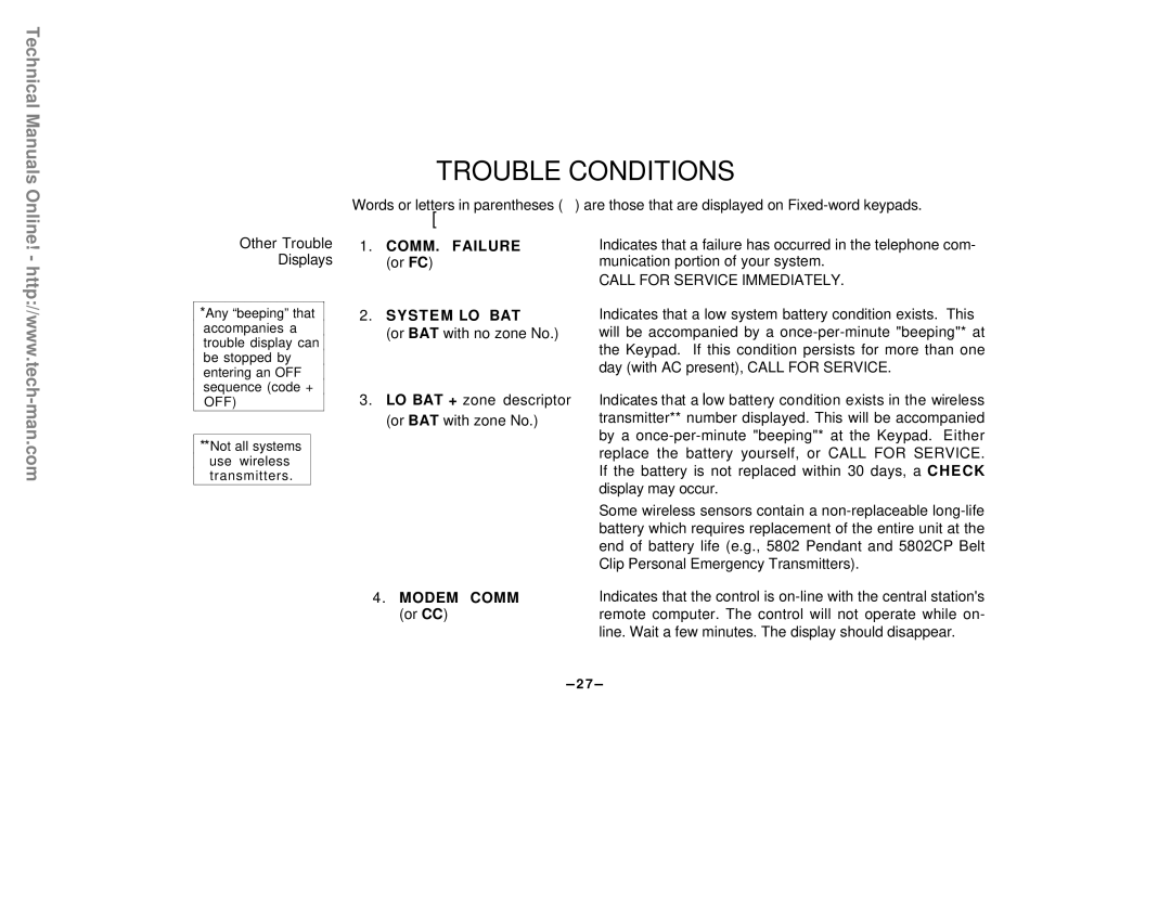 First Alert FA142C user manual Other Trouble Displays, Words or letters in parentheses, System LO BAT 